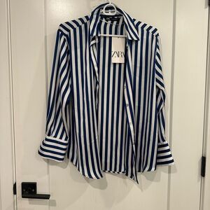 Zara Navy and White Striped Blouse